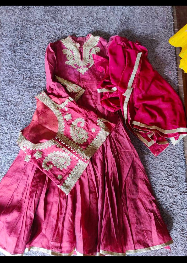 Maroon Anarkali With Waistcoat And Dupatta