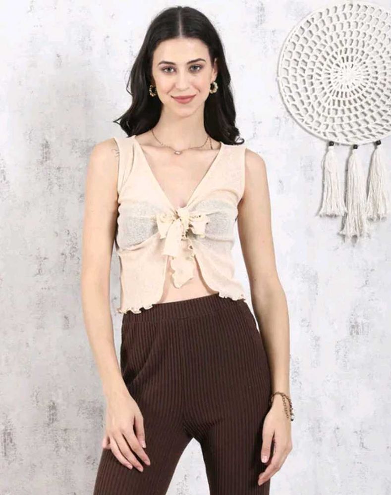 Tie-Up Neck Sleeveless Textured Semi-Sheer Top