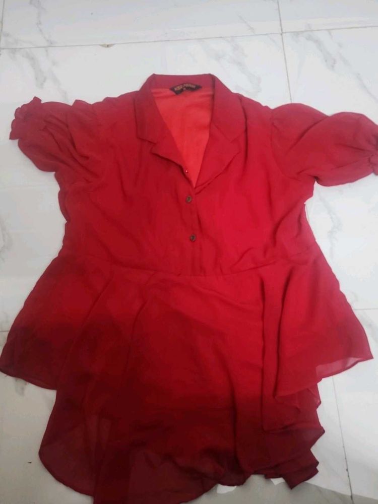 Red Classy Silk Jean&#39;s Top With Collar