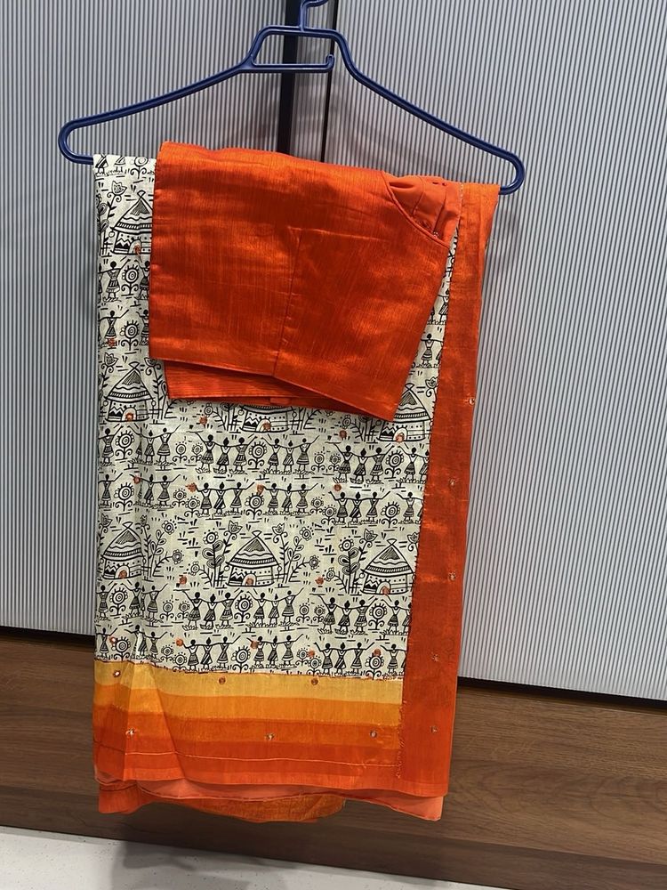 Orange Warli Print Saree