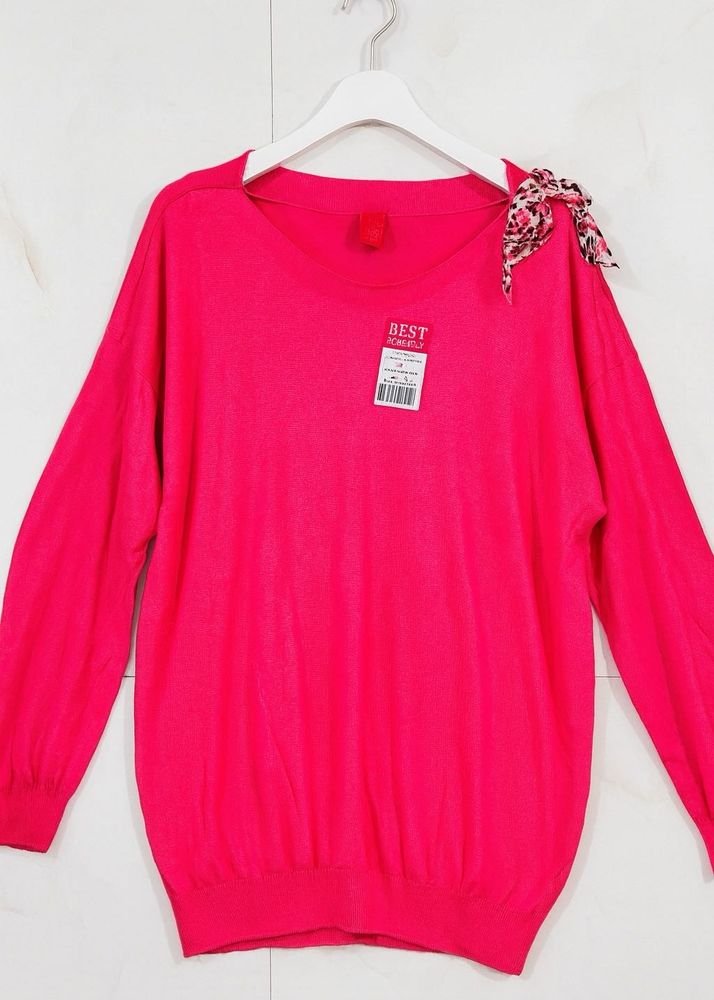 Pink Pullover Sweater with Scarf Detail