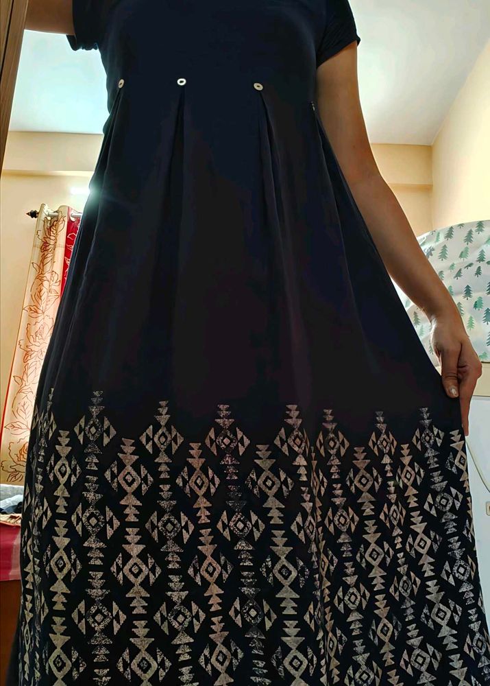 Printed A-line Kurta Navy Blue