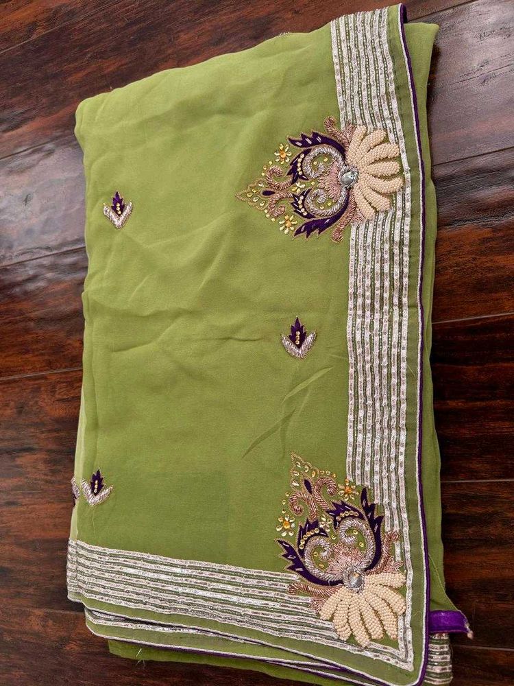 Olive Green Saree-Intricate Embroidery &amp; Blouse