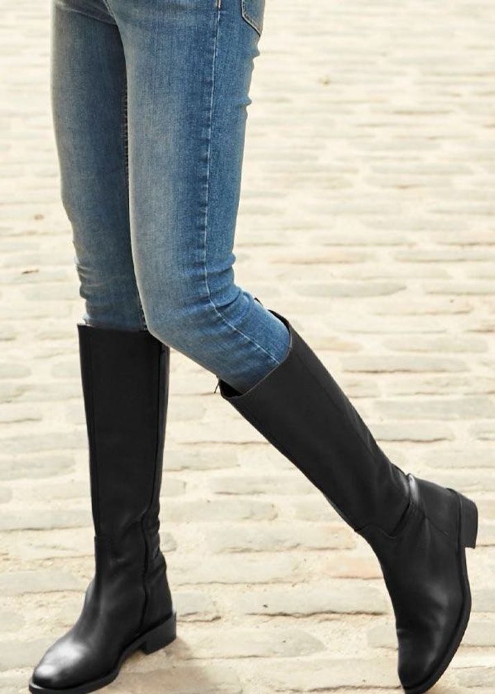 Pure Leather Long Black Boots With Side Zip