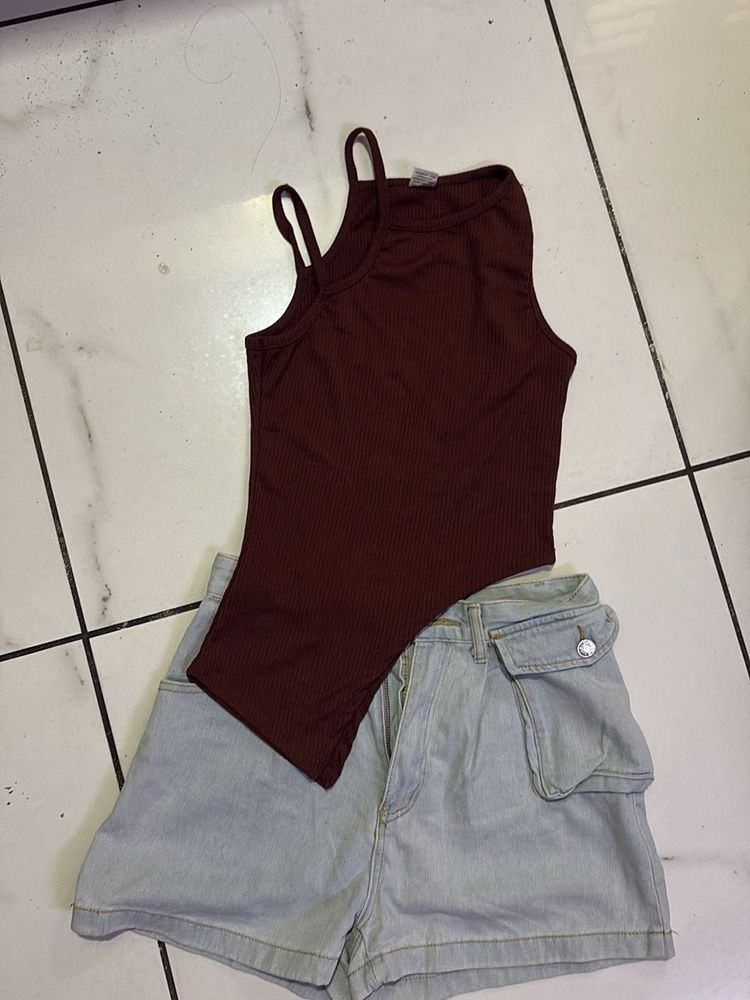 Brown Tank &amp; Denim Shorts Set