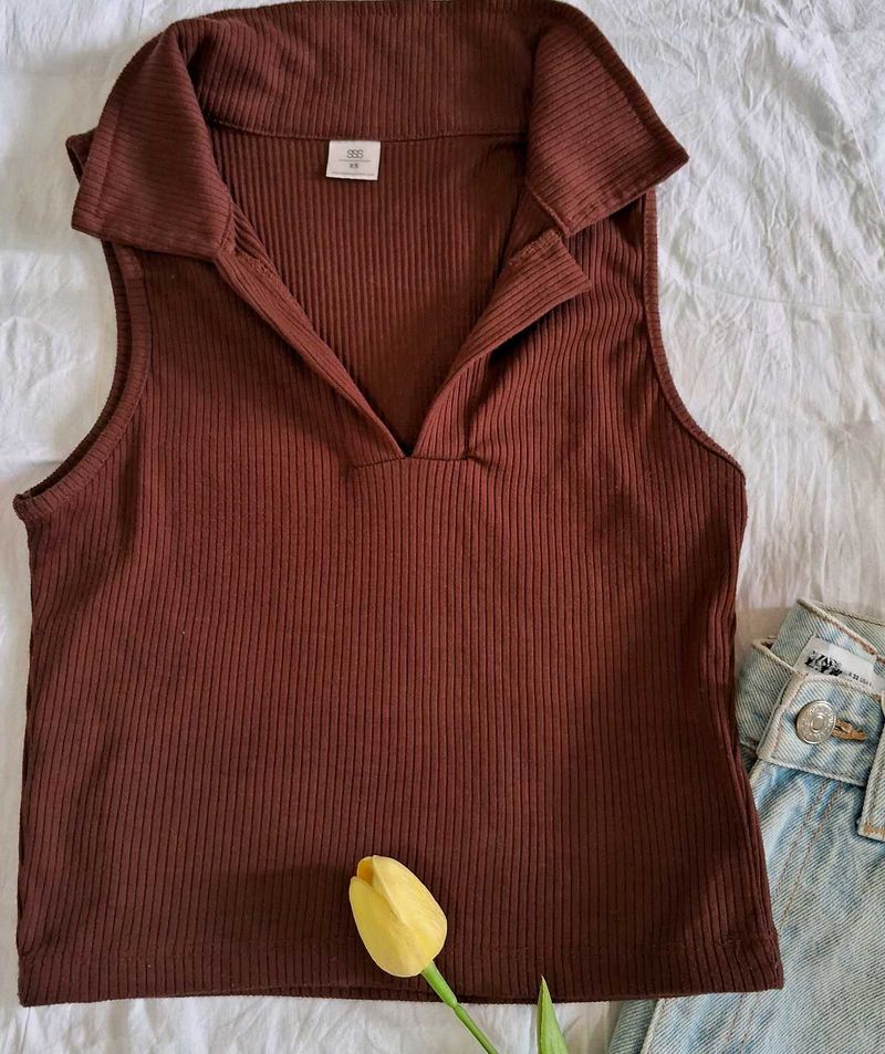 Brown V Neck Crop Top