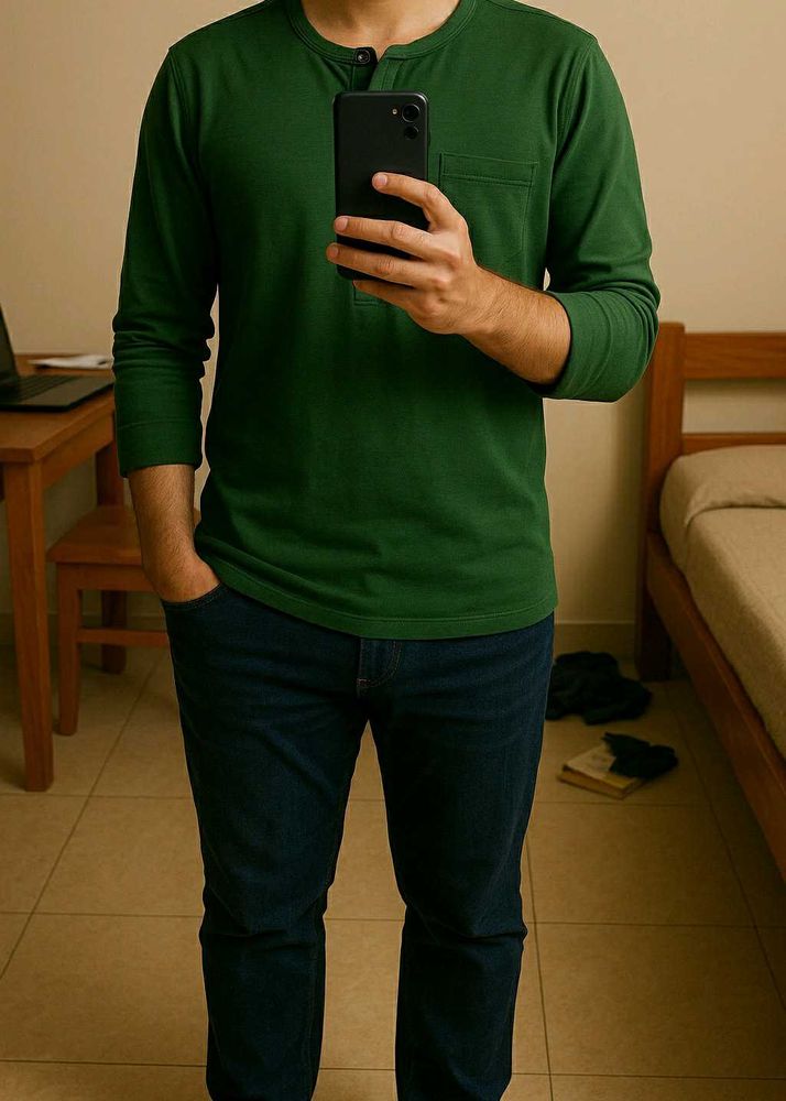 Ultimate Green Stretch Henley Long Sleeve Tshirt