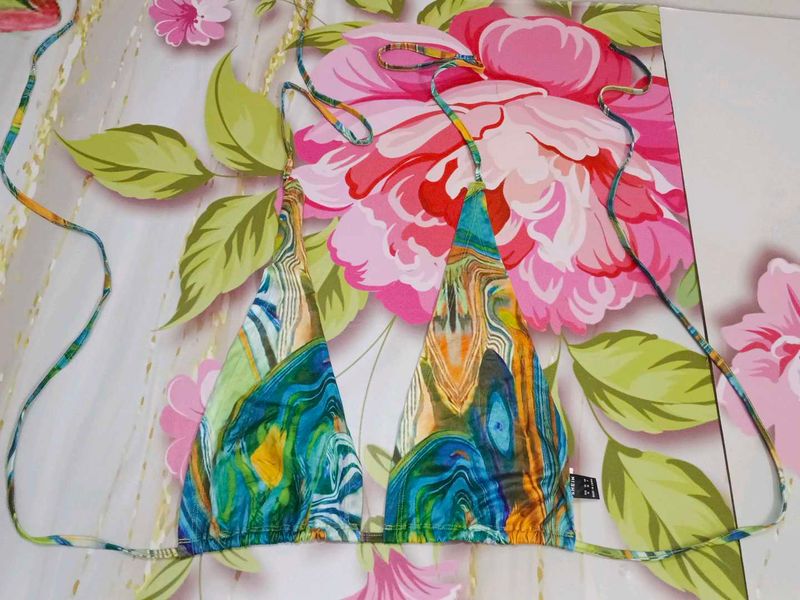 (1300)Colorful Marble Print Bikini Top