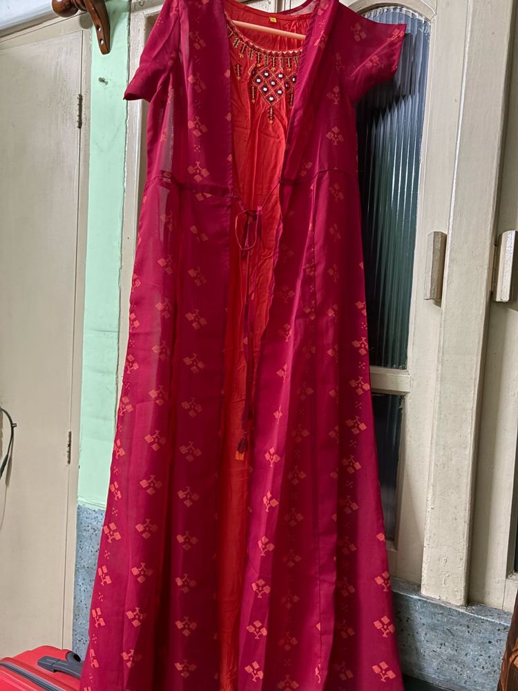 Orange Embroidered Dress With Jacket