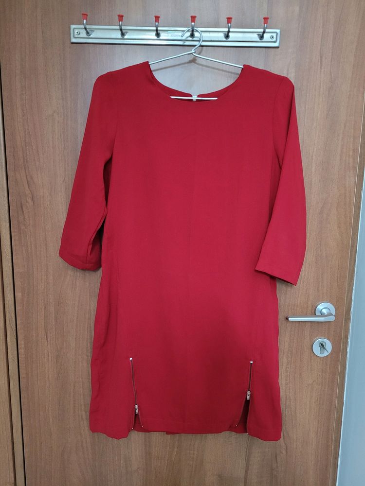 Shoppers Stop Red Solid Dress SIZE M