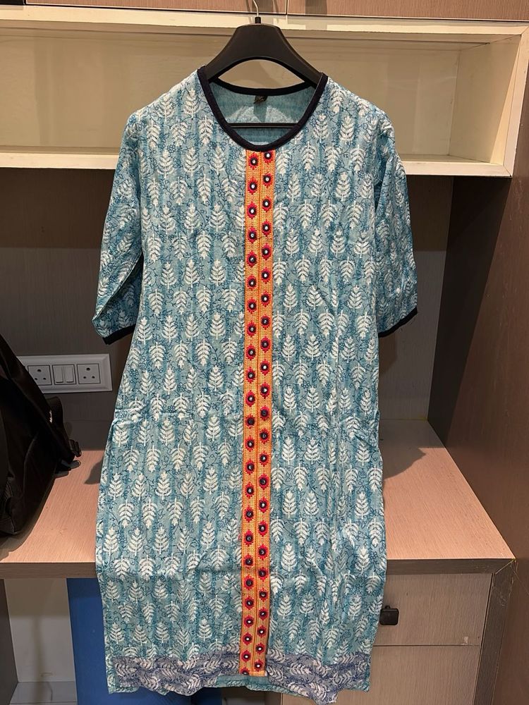 Blue Leaf Print Tunic Dress