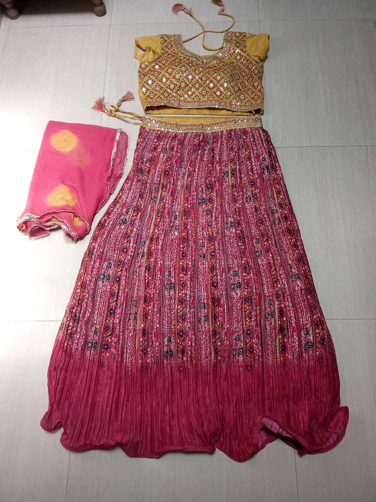 Vibrant Yellow &amp; Pink Mirror Work Ghaghra Choli wi