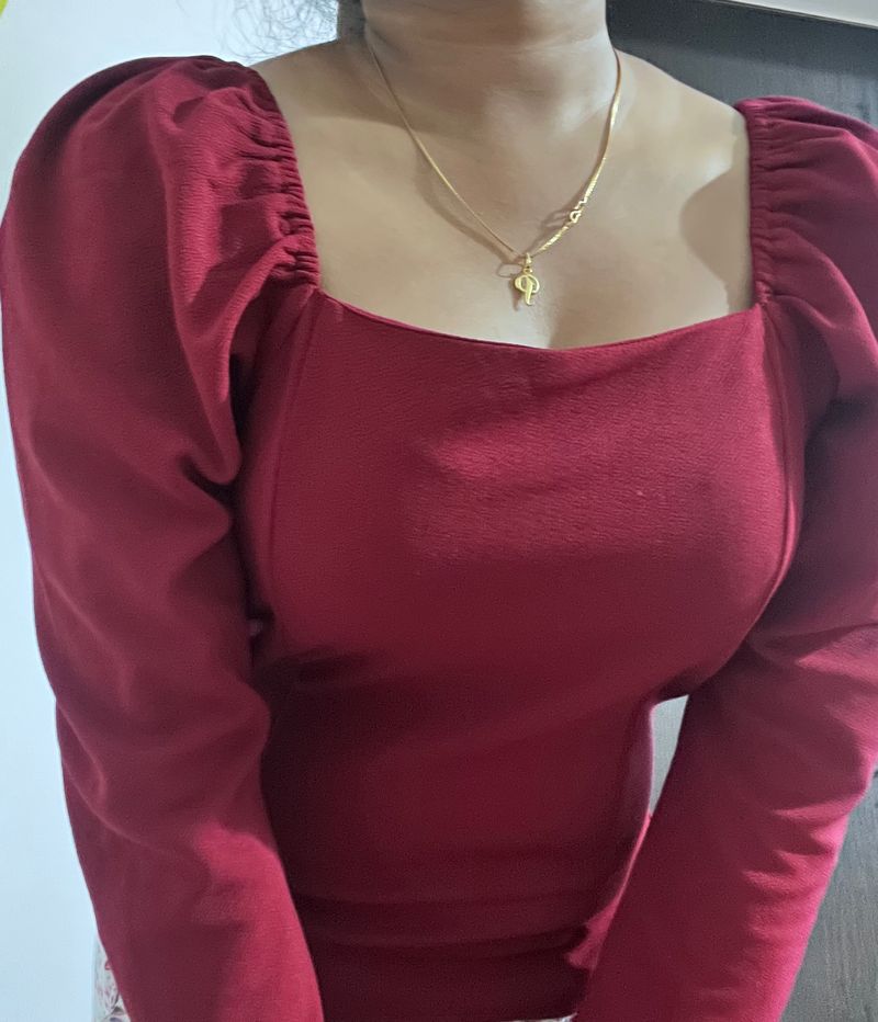 Women Red Puff Full Sleeves Top