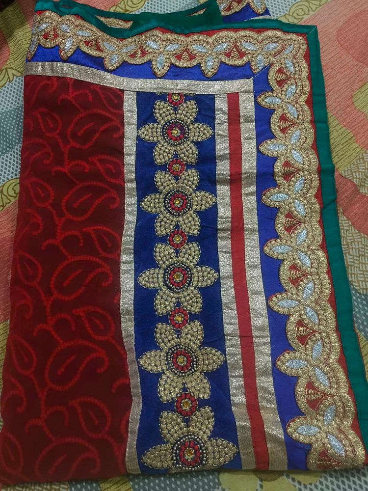 Elegant Rad Embroidered Saree