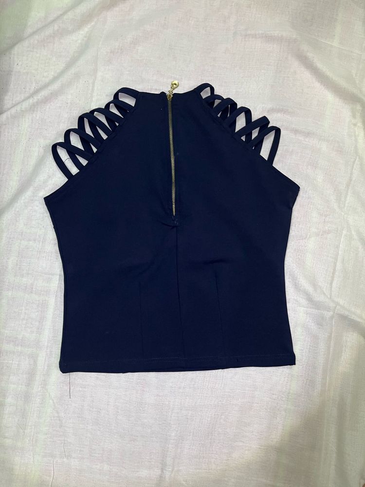 Navy Strappy Shoulder Fitted Party Top