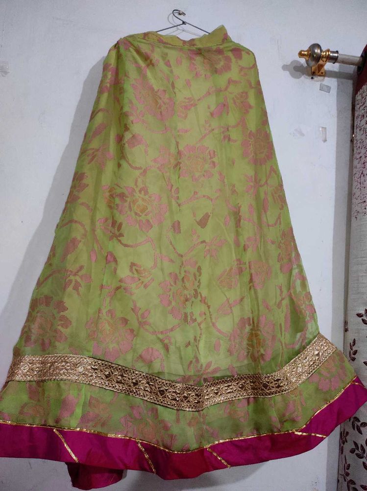 Elegant Green &amp; Pink Floral Lehenga Skirt