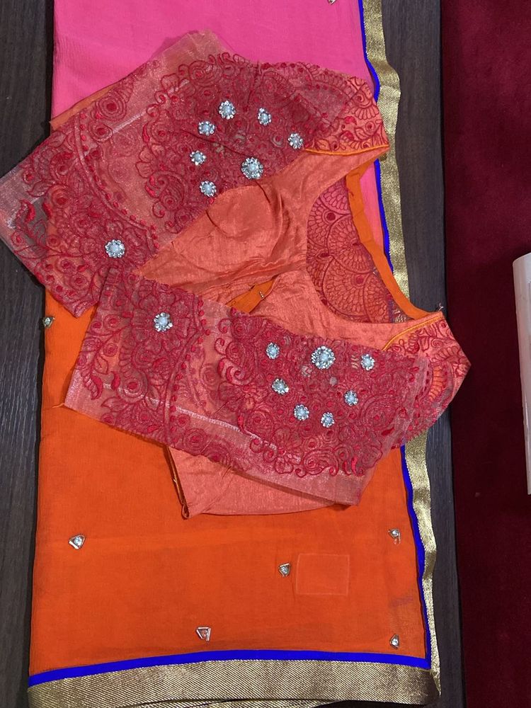 Orange - Pink Designer Saree With Blouse