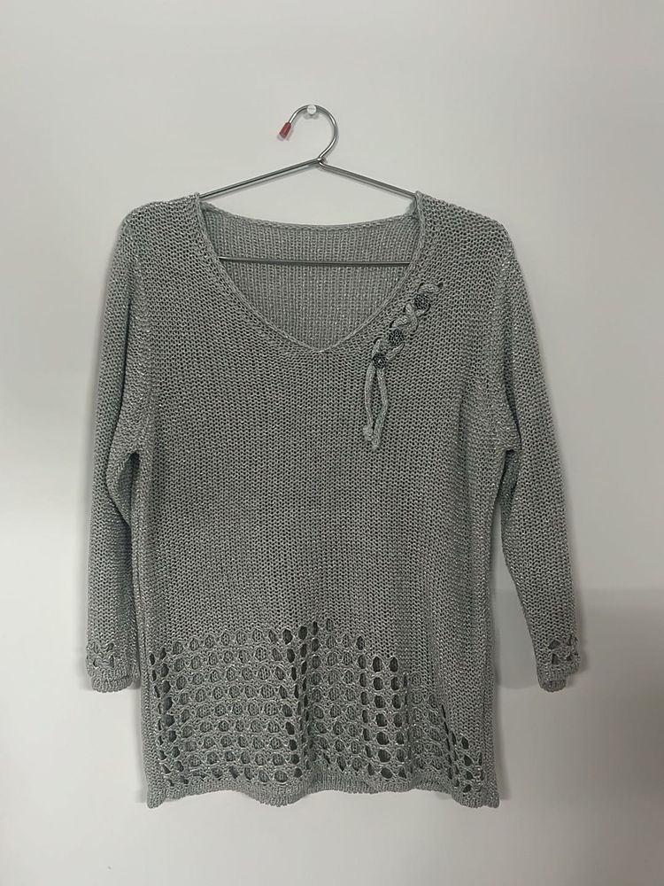 Silver Knit V-Neck Sweater