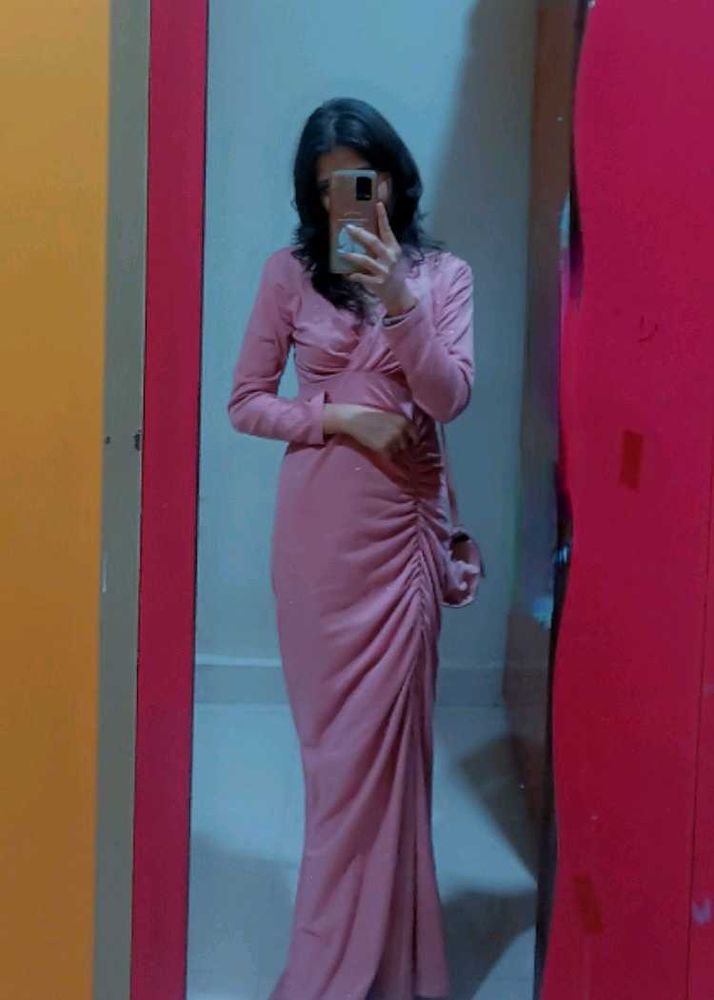 Elegant Rose Pink Ruched Maxi Dress with Full Slee