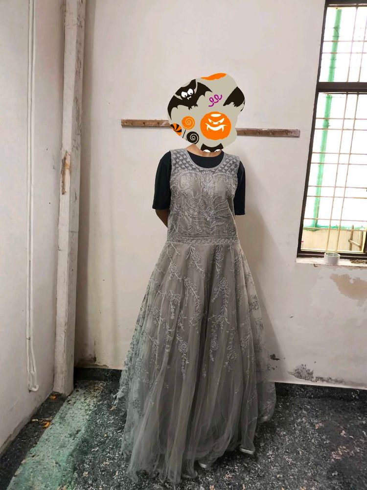 Elegant Grey Lace Overlay Gown