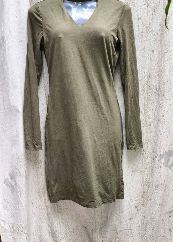 3138. Olive Green Long Sleeve Dress