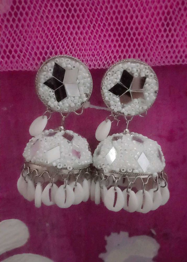 White Beaded Jhumka Earrings