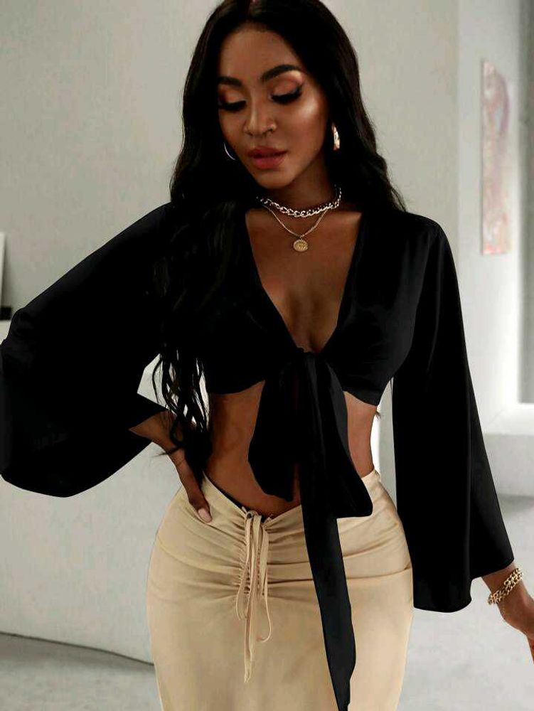 Asymmetrical Flounce Sleeve &amp; Wrap Top
