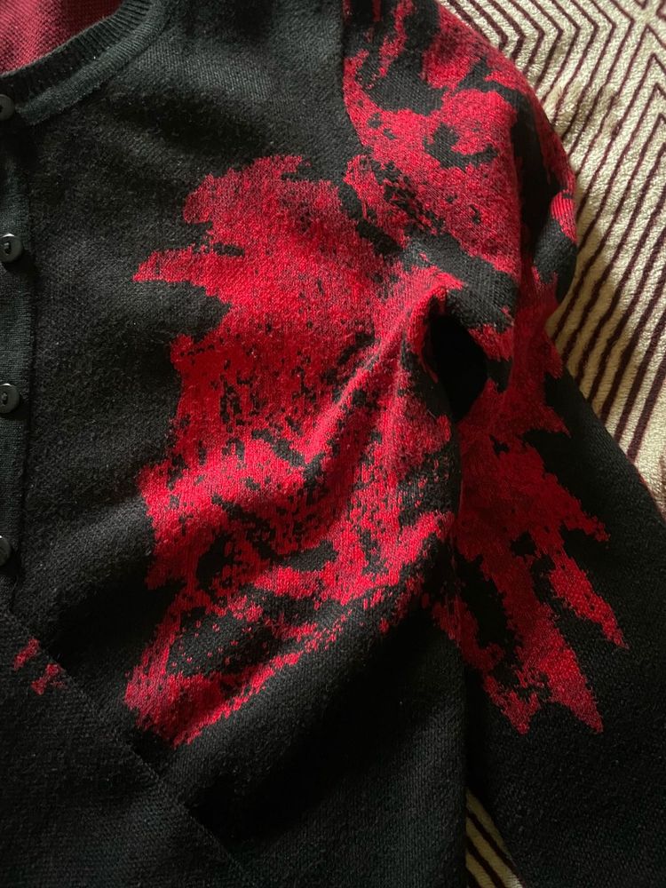 Black Button Down Sweater, Red Rose Print Detail