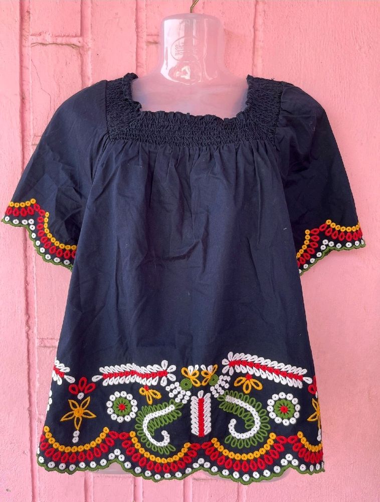 Korean Blue Embroidered Top