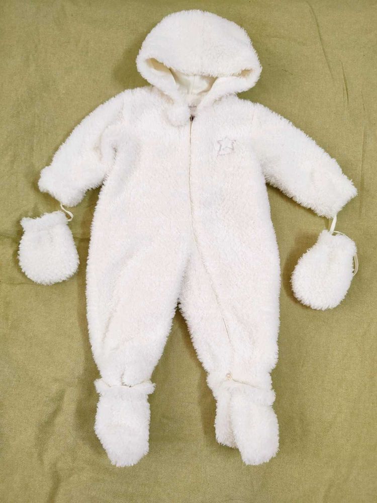 Cozy White Baby Snowsuit with Mittens
