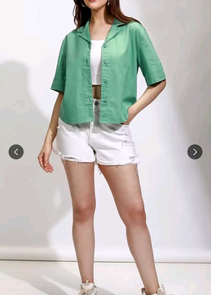 Green Cropped Button-Up