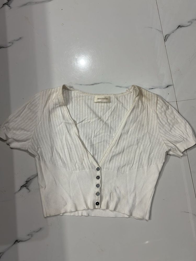 White Button-Down Knit Top