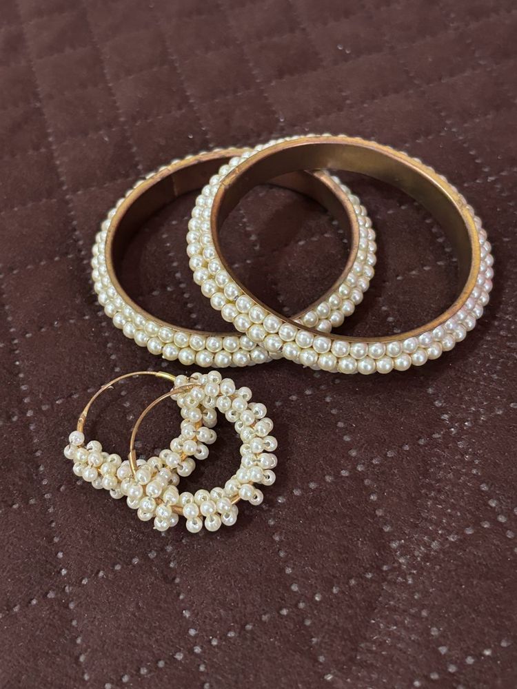 Pearl Bangle &amp; Hoop Earrings Combo