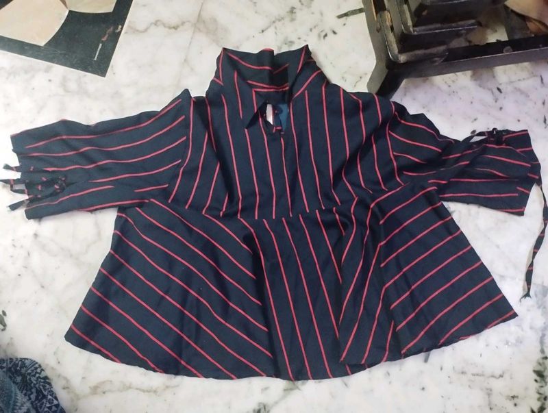 Striped Blouse with Tie Neck