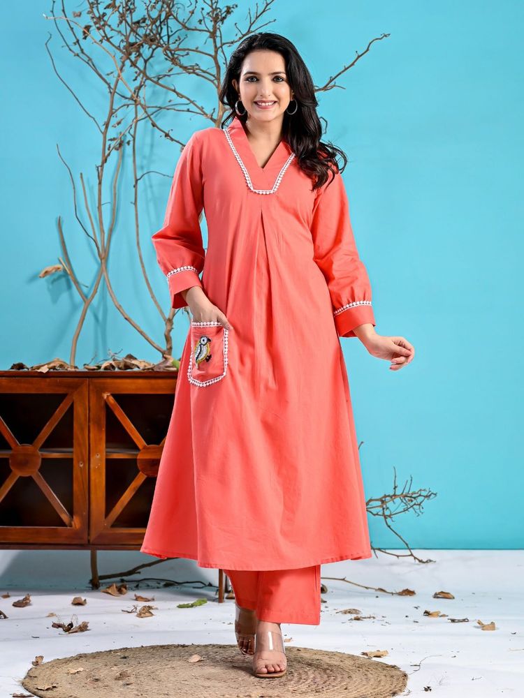 Peach Cotton Kurta Set w/ Embroidery