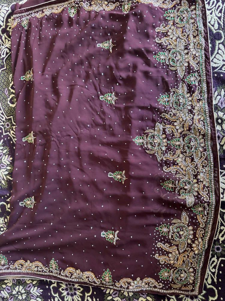 Elegant Embroidered Coffee Brown Saree