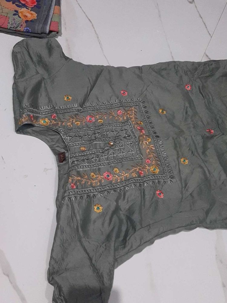 Gray Embroidered Chudidar Set