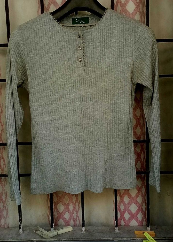 Gray Ribbed Long Sleeve Top