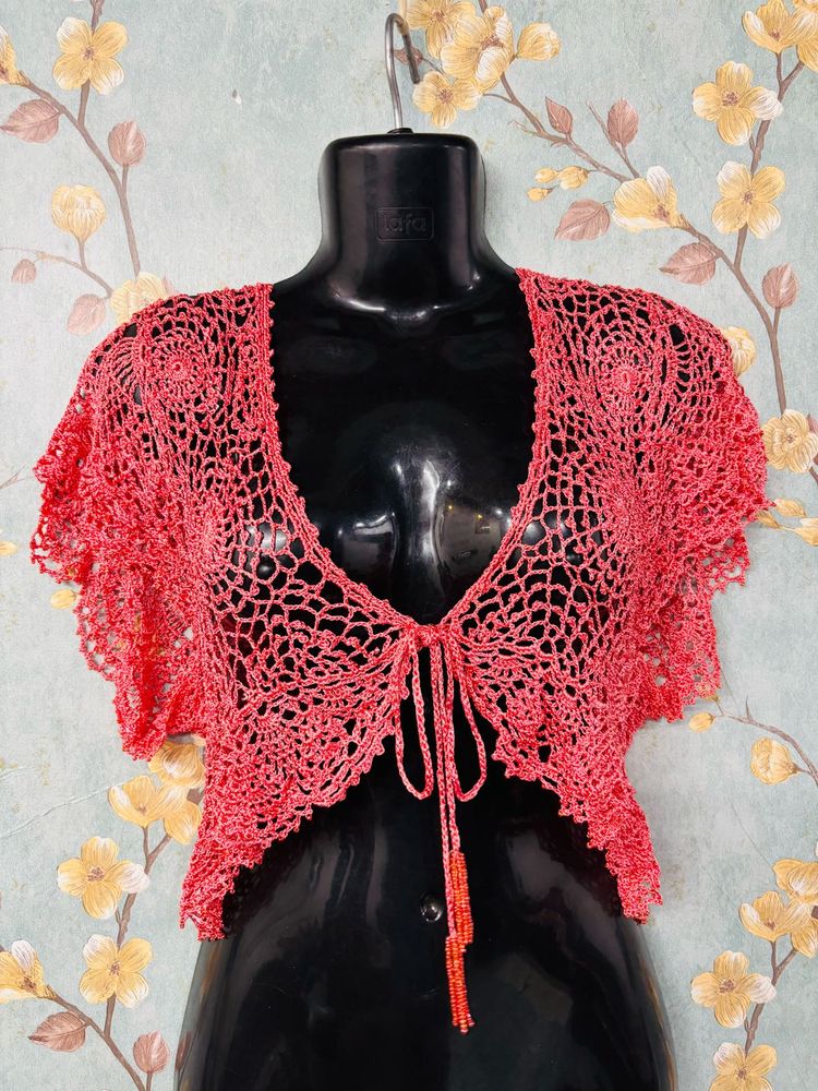 Crochet Beaded Shrug - Coral