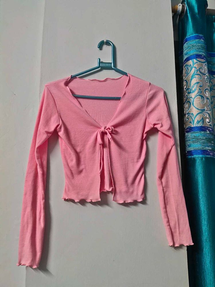 Pink Tie-Front Long Sleeve Top