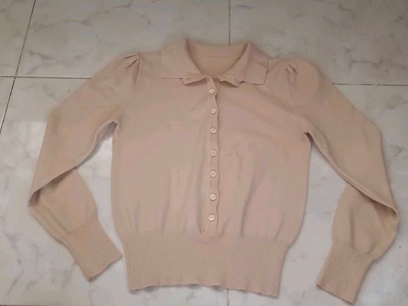 Nude Coloured Button-Down Knit Top