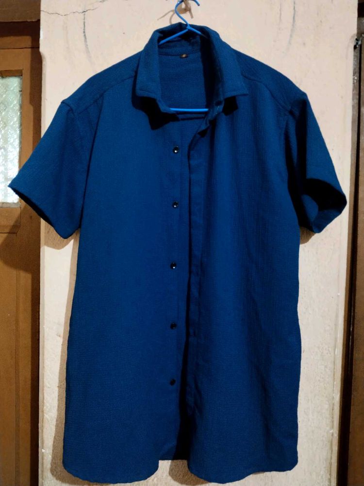 Blue Textured Short Sleeve Korean Shirt