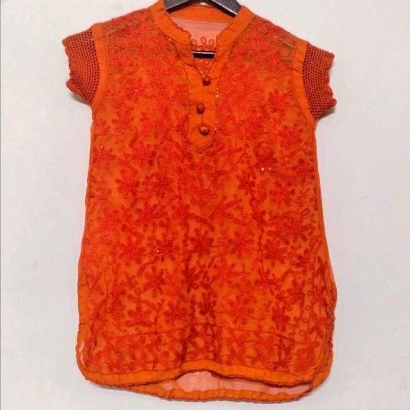 Orange Embroidered Mesh Top