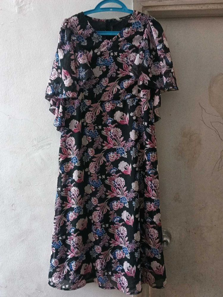 : Floral Pattern Dress And Black A Line