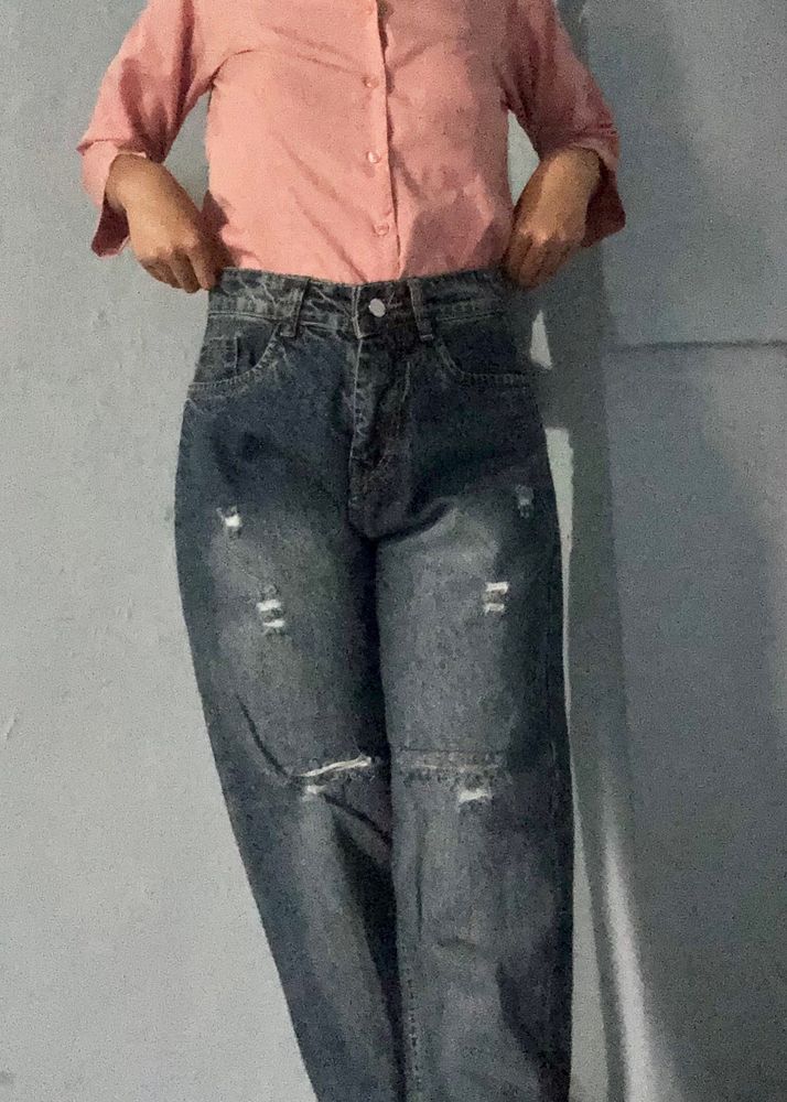 Trendy Blue Torn Denim Jeans - Strai