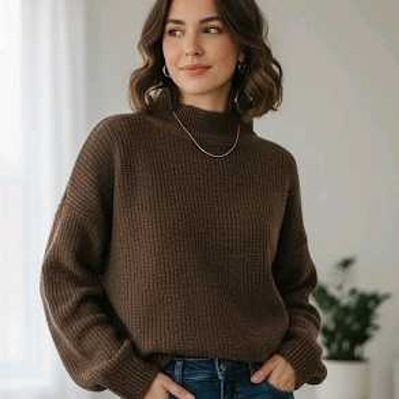 Brown Turtleneck Knit Sweater