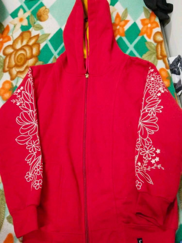 Floral Embroidered Red Hoodie