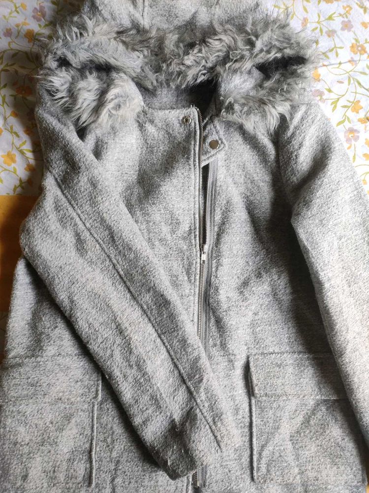 Gray Faux Fur Hooded Jacket