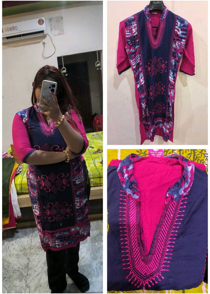 Pink &amp; Navy Printed Kurti