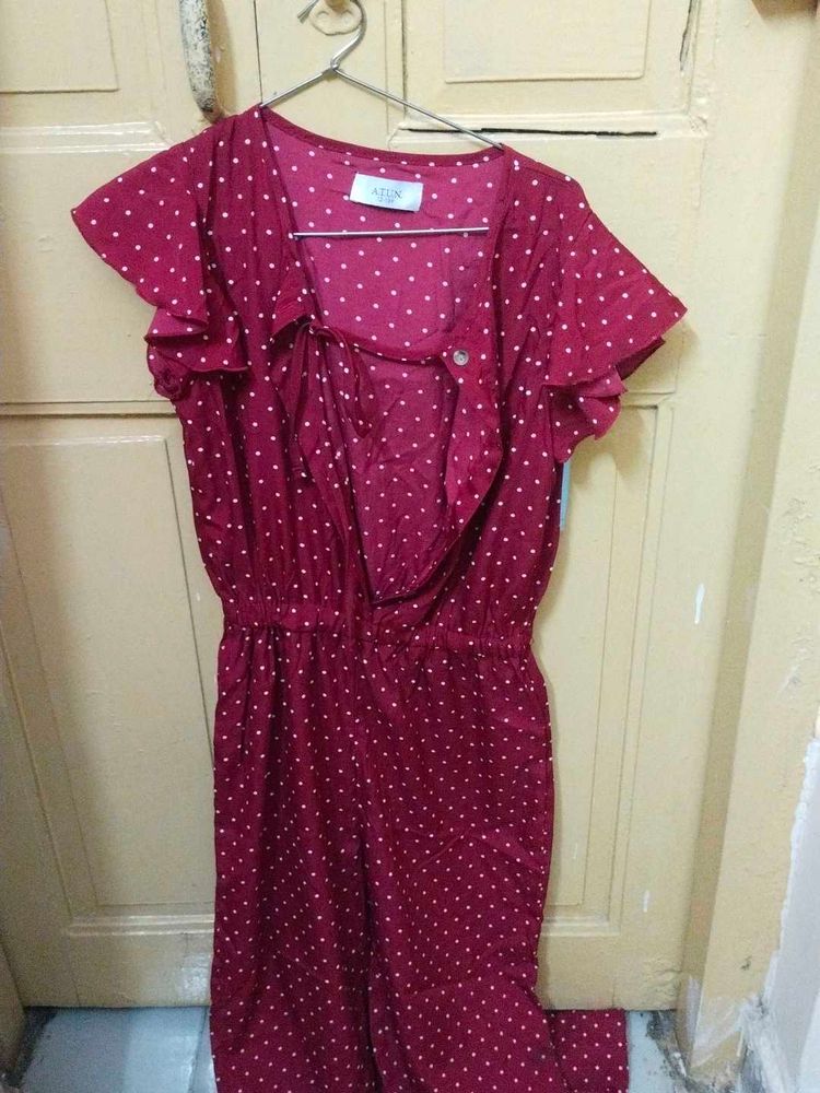 A Marron Jumpsuit in Polka Print